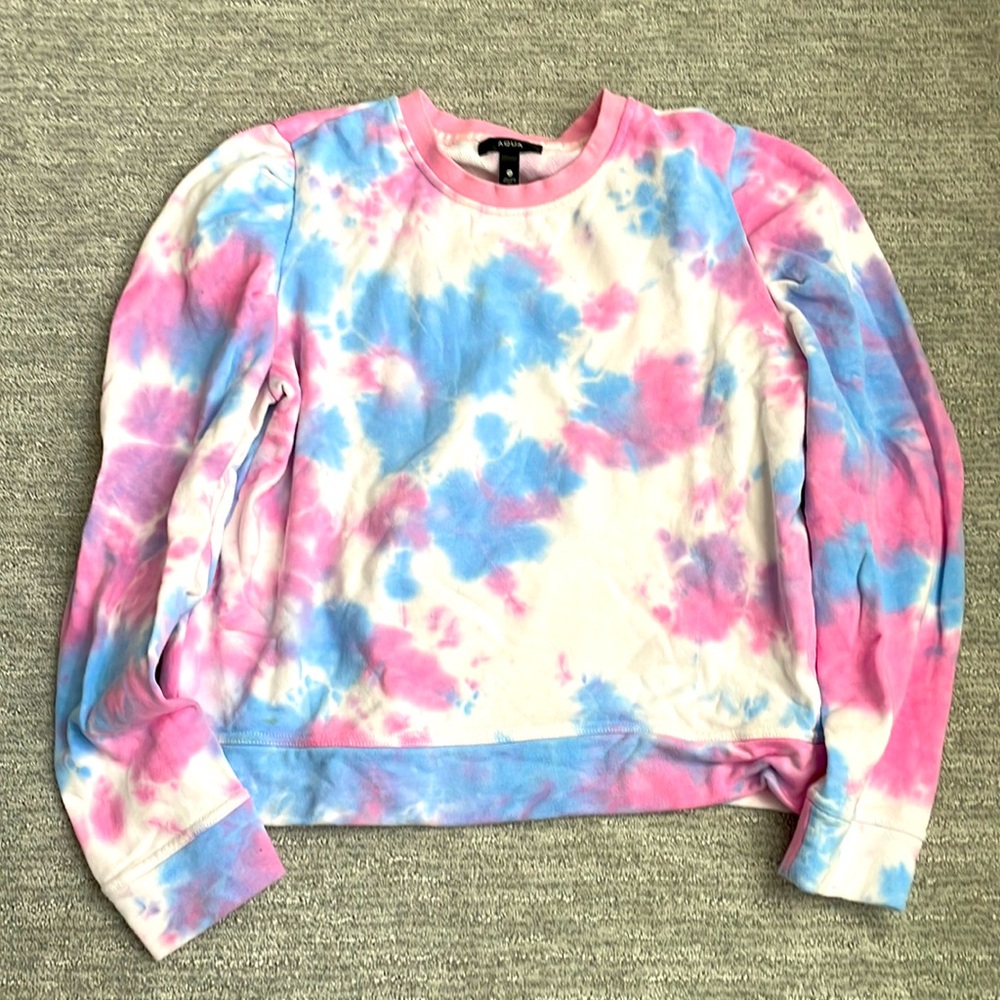 Aqua pink and blue tie dyed puff sleeve crewneck sweatshirt. Size M